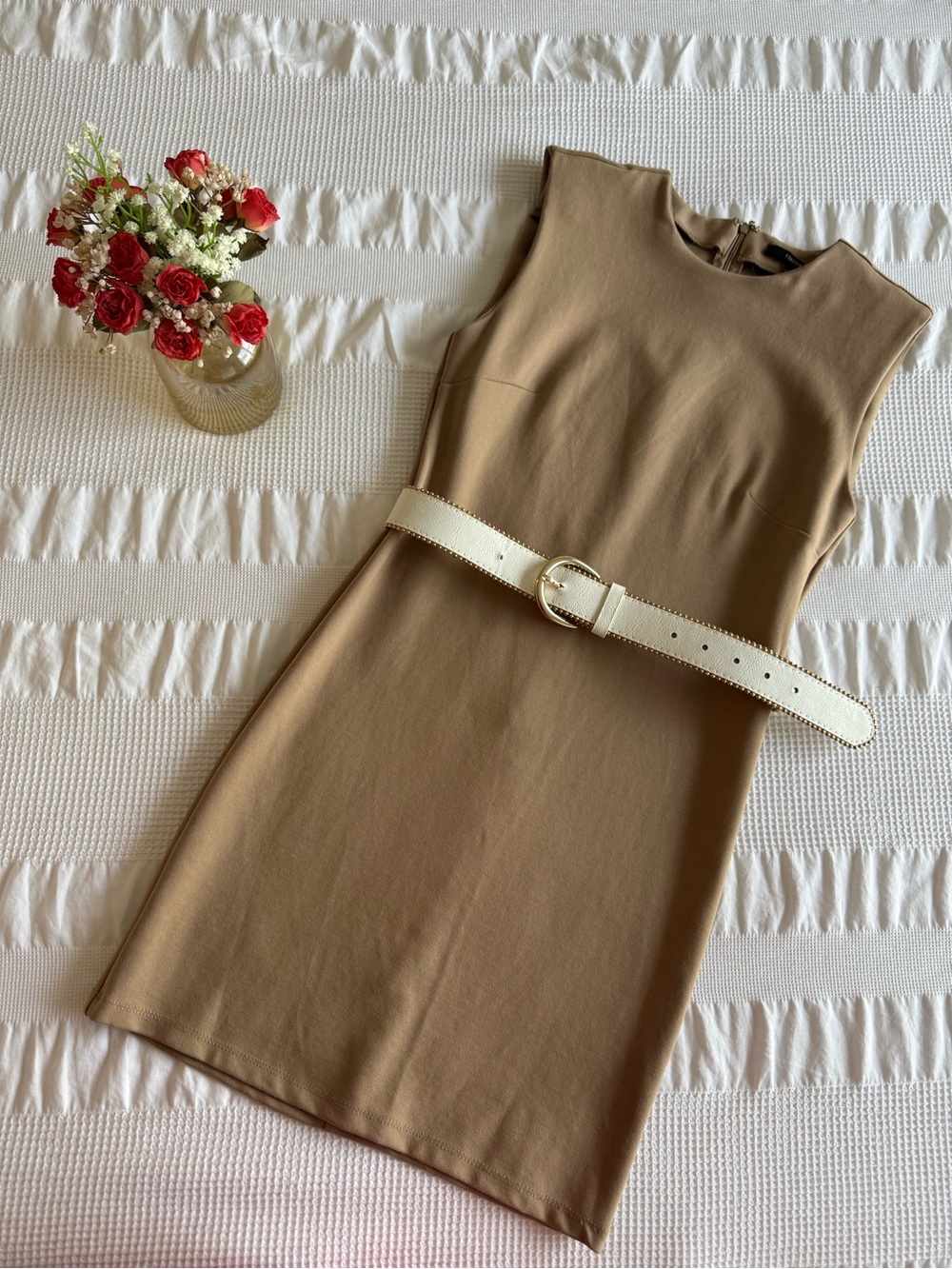 Forever 21 Camel Sleeveless Sheath Dress with Ivory Belt